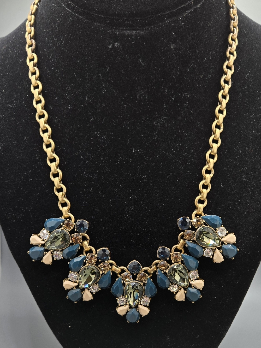 J. Crew Gold-Tone Necklace w/ Teal, Olive, Navy, Amber & Cream Crystal Clusters
